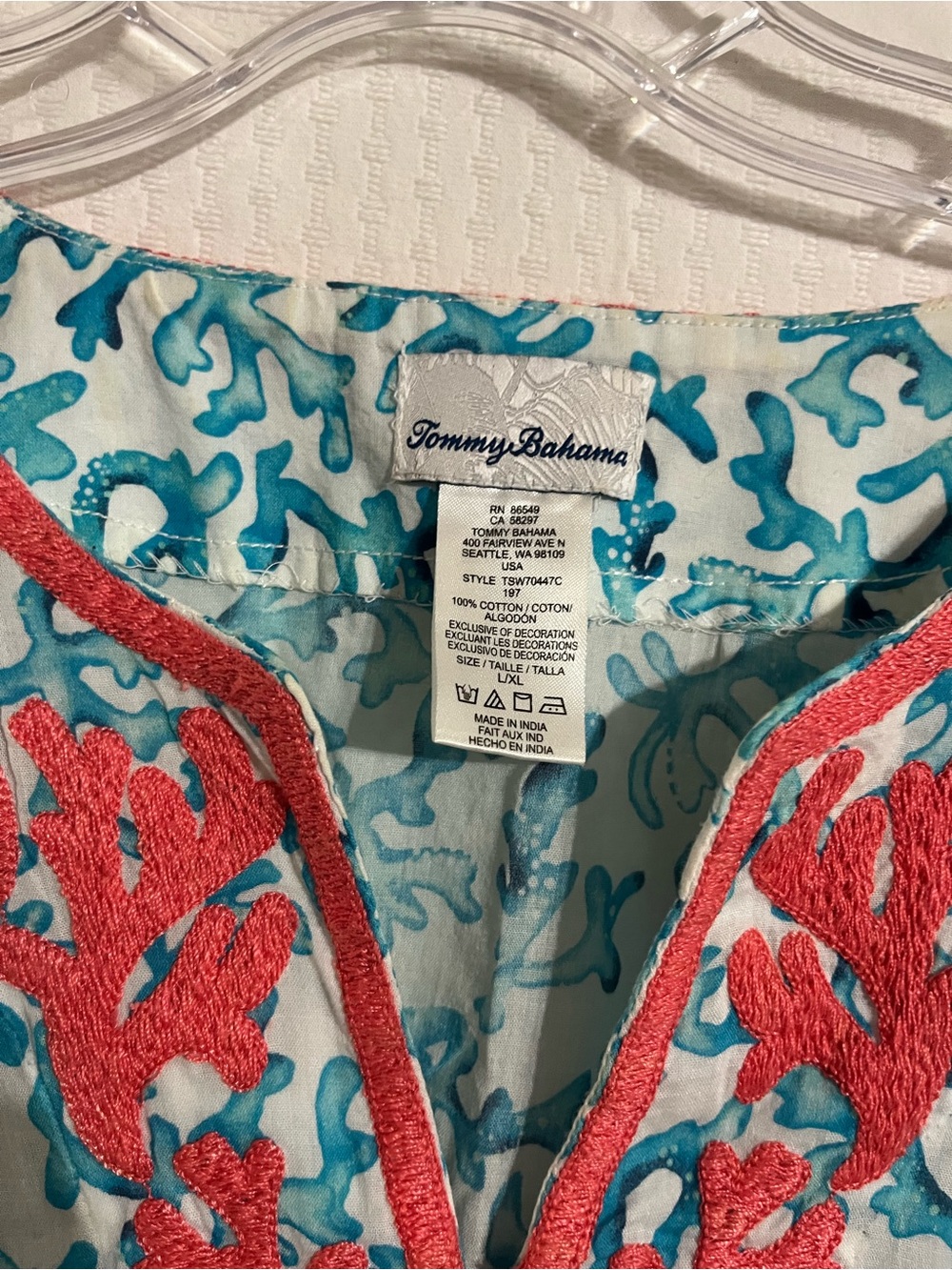 Tommy Bahama Turquoise and Coral Embroidered Tunic - Picture 2 of 4